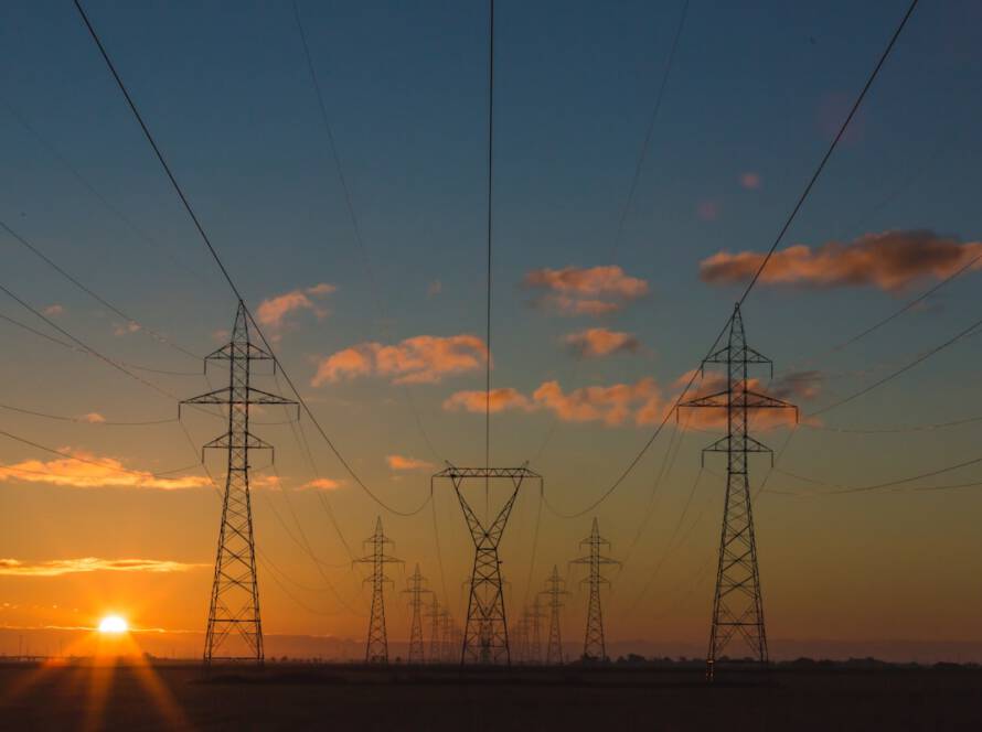 Power transmission lines at dusk